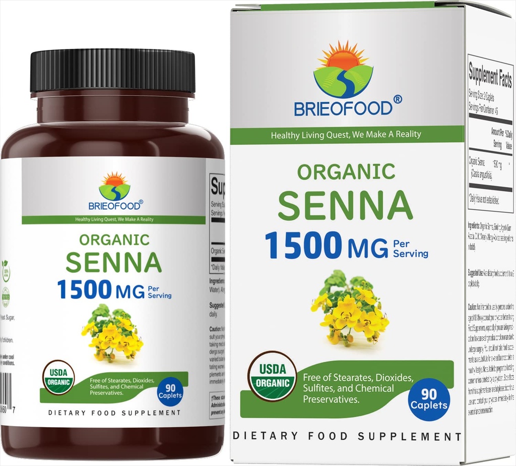 Brieofood Organization Senna 1500mg, 45 services, Vegetarian, Gluten Free, 90 植物药片