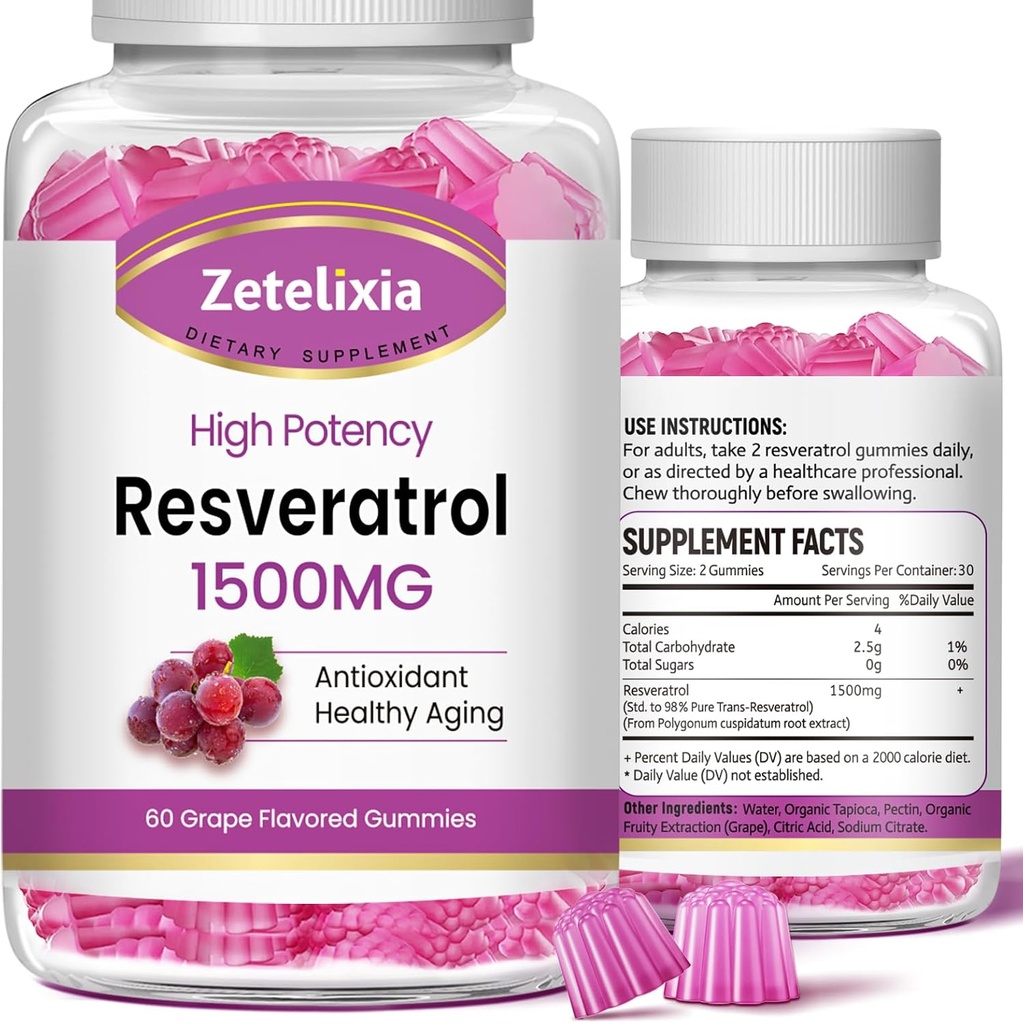 不含糖的Resveratrol Gummys - 抗氧化剂的高纯度Resveratrol补充剂,健康老化,皮肤,大脑,有机体 - 120 Gummys