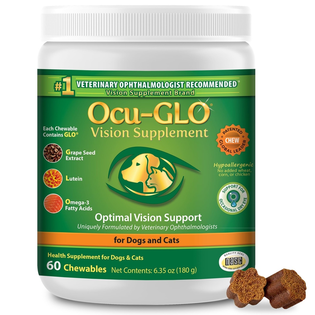 Ocu-GLO猫狗支持高级补充剂-可食用Vitamins 配有Lutein,Omega-3脂肪酸,葡萄种子提取剂和抗氧化剂的大型和小型宠物护理补充剂