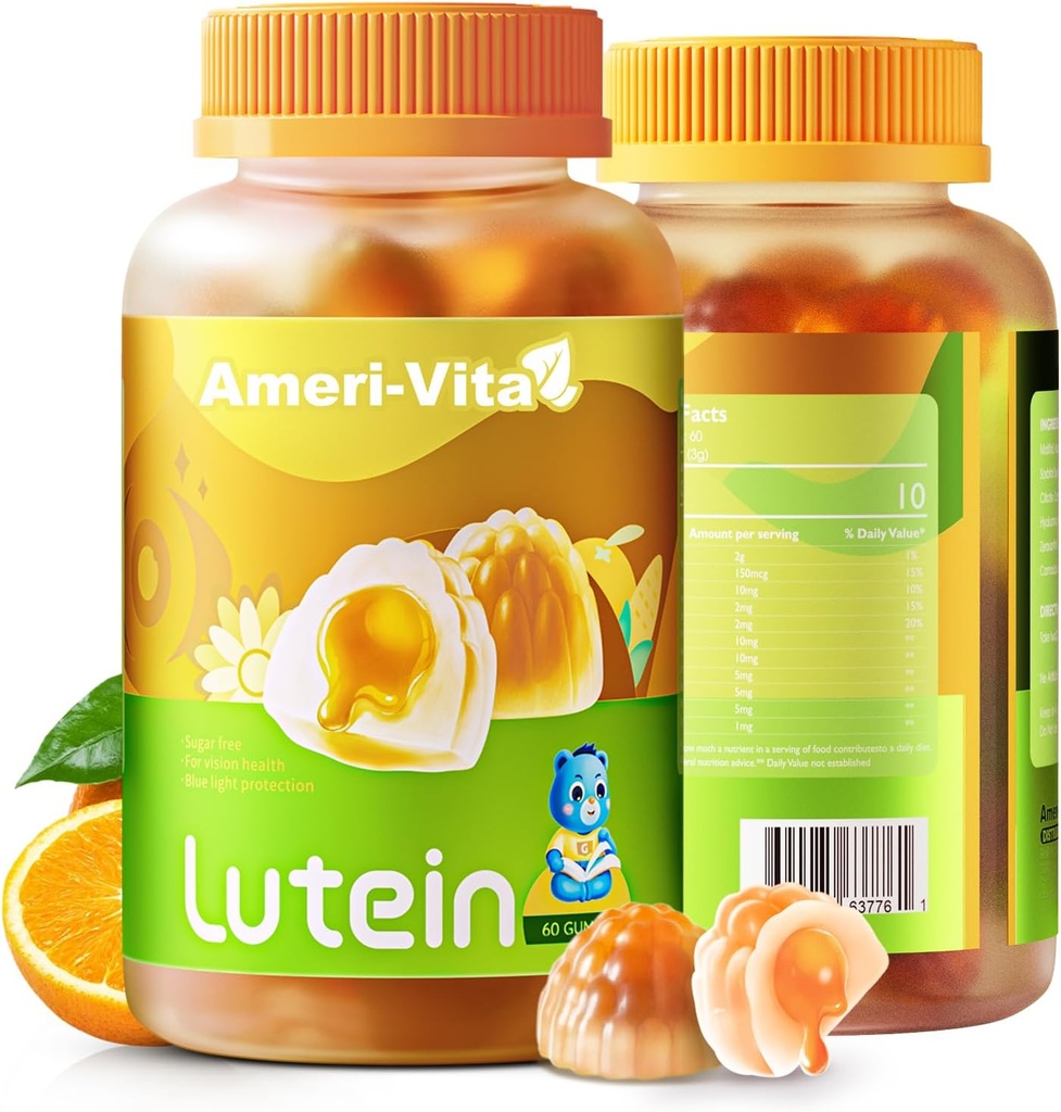 糖自由Lutein 5mg Gummys for Eyes Health: 配1mg Zeaxanthin, Lutein 补充眼维生素 填充Gummys Lutein 补充视觉和蓝光保护,Orange Flavor, 60 Counter