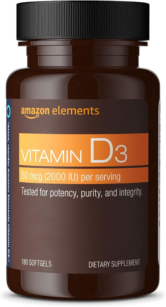 维生素D3、2000 IU、180 Softgels、6个月供应(包装可能有所不同)、支持强骨和免疫健康