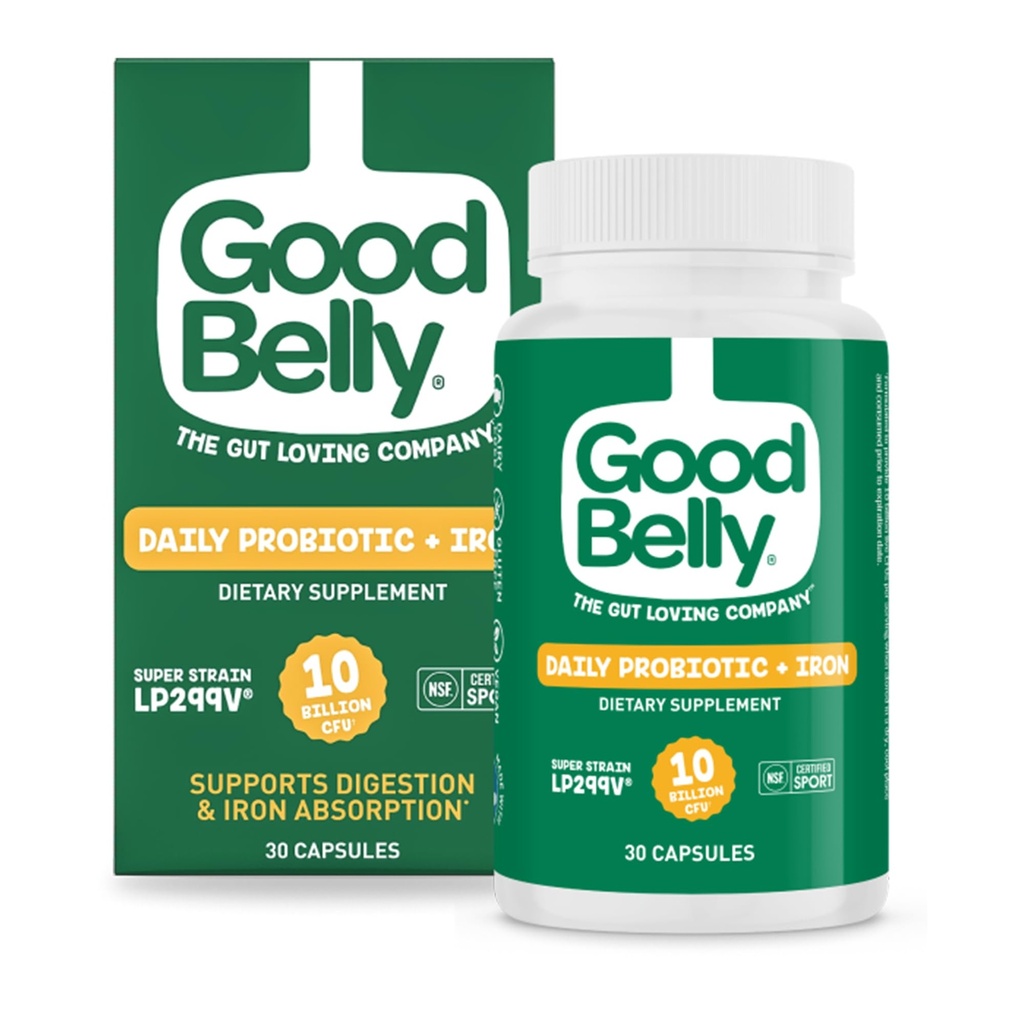 GoodBelly Probiotic Capsules for Digestive Health and Iron Absolutement | Vegan Probiotic Supplies 配有 10 亿 活文化 | 女性和男性 | 30 Capsules