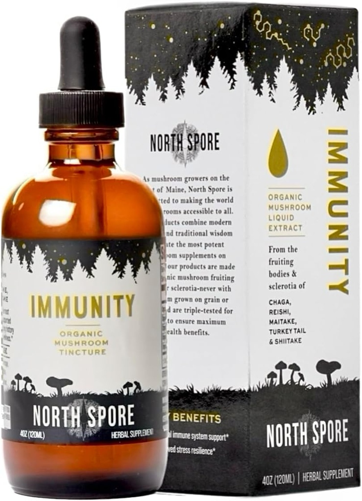 北Spore Organization Organization Organization Tincure (4 oz) 100% 水果体提取 | Chaga,土耳其 Tail, Reishi, Maitake, Shiitake | 认证 有机, Vegan,非GMO | 适应性,美国制造