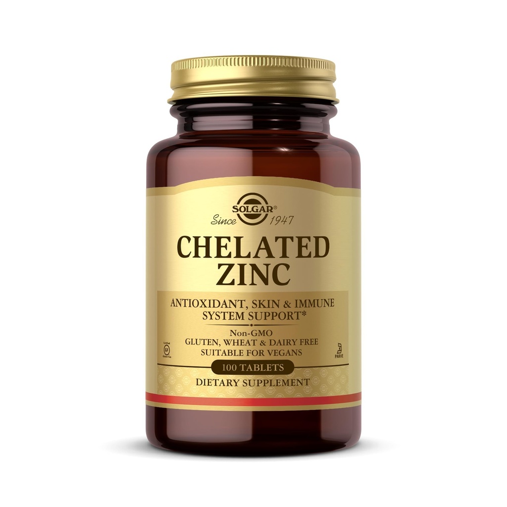 Solgar Chelated Zinc, 100片 - 健康皮肤的锌 - 支持细胞生长和DNA形成 - 释放抗氧化剂活动 - 支持健康免疫系统 - 非转基因生物, Gluten Free - 100 services