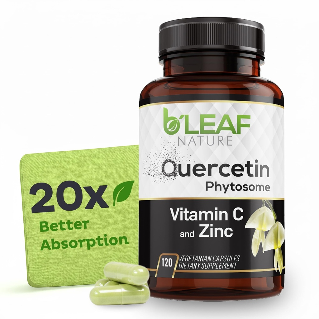 B'LEAF NATURE Quercetin Phytosome, 120 Capsules – 1000mg 高吸收 Quercetin 与维生素C和锌 – 非GMO 蔬菜 Quercetin 补充 Imune,能源,大脑和季节性支持