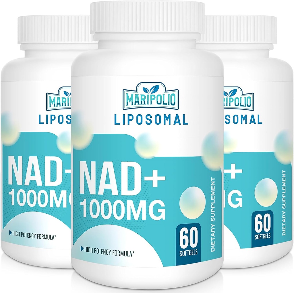 Liposomal NAD+ Supplement 1000 mg → 最高NAD Pontcy → 最大吸收 → 纯NAD Supplement → 能源和DNA修复,老化防御,大脑功能 → 180软胶