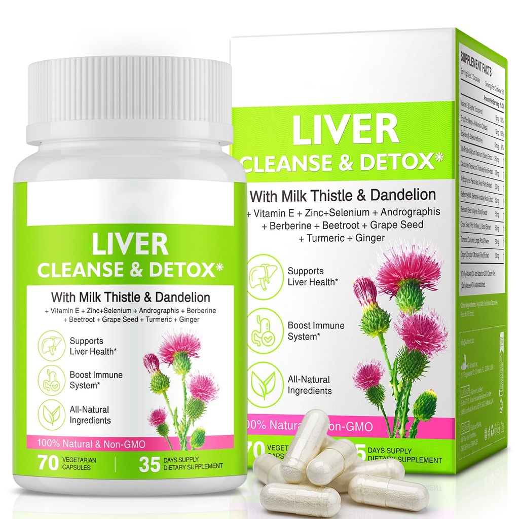 肝脏更新 清洁除毒, Liver Cleanse Detox 及维修与支持 \\ 70 Capsules\ Herbal liver Health 补充 牛奶 奶味 Dandelion Root 配有 9 种草本矿物 男女