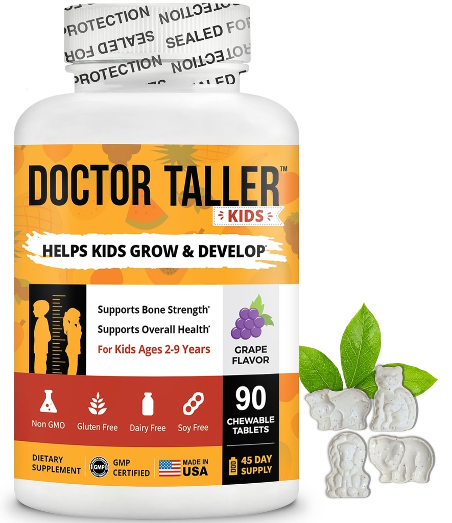 Taller Kids医生 - 儿童多维塔明,托德勒维生素 - 支持骨质强力,增强钙的豁免,2至9岁多维塔明 - 葡萄火焰 - 90块可切片 - 6周供应