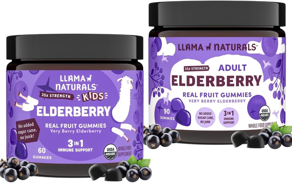 Llama Naturals Real Fruit Sambucus Melderberry Gummys for Kids and Adults – 没有添加的甘蔗, Vegan, 有机免疫支持 → Zinc & Natural Vitamin C → 植株型,可口味的Gummys for the whole Fa