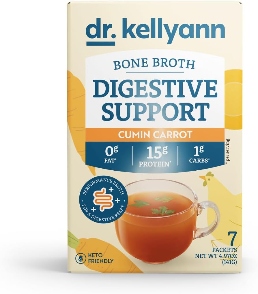 Kellian Bone Broth 博士 + 消化支持 柯拉根粉包(7架,1盒), 16g 蛋白质/服务, 100% 草-水解 柯拉根粉, Keto & Paleo 友好 - Cumin Carrot