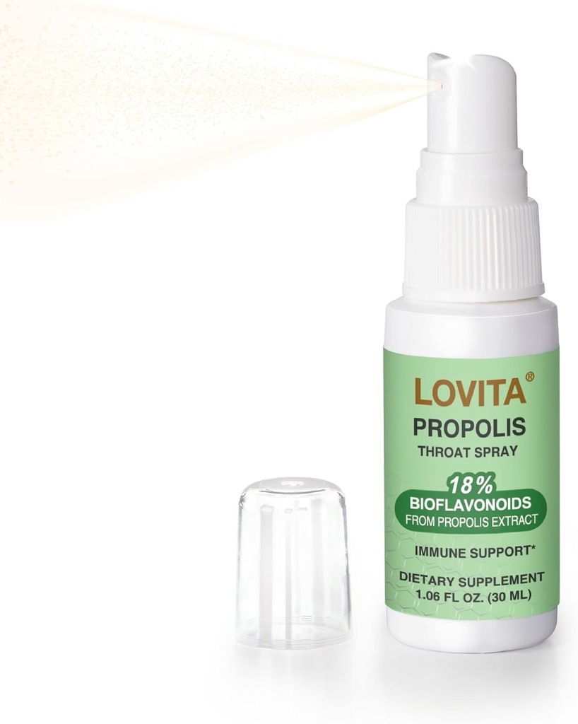 Lovita Bee Propolis Throat Spray, 18% Bioflavoids, 无酒精, 免疫支持, 喉吸, 抗氧化剂, Gentle Taste, 1 Fl Oz (Pack of 1)