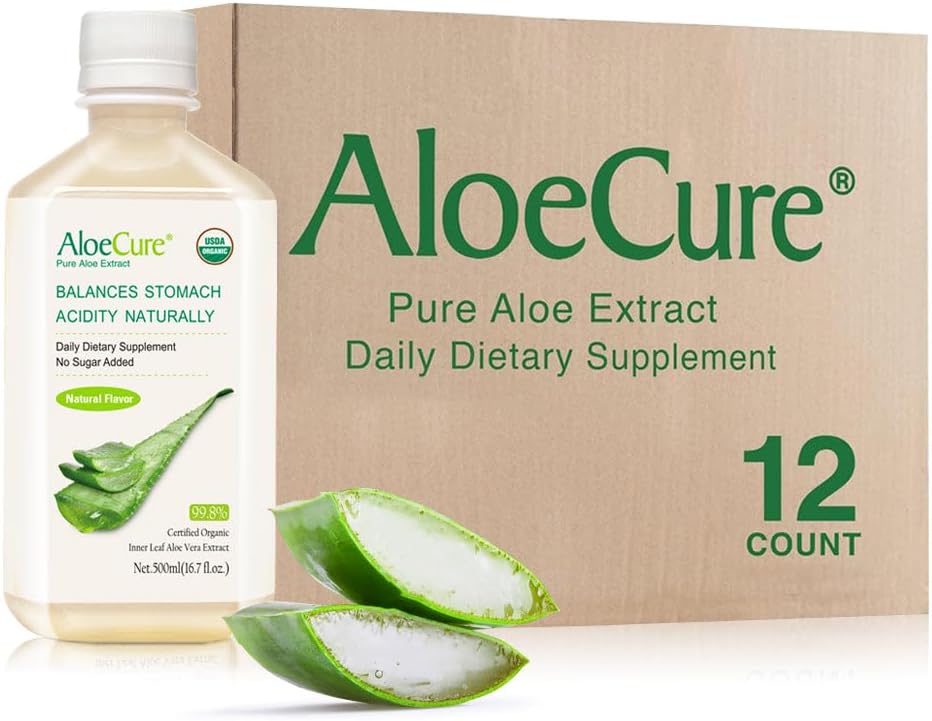 AloeCure USDA 有机Aloe Vera Juice 12 Hrs of Harvest - 纯Aloe Juice 天然消化剂 支持消化,免疫系统和平衡胃酸,12 x 500ml瓶