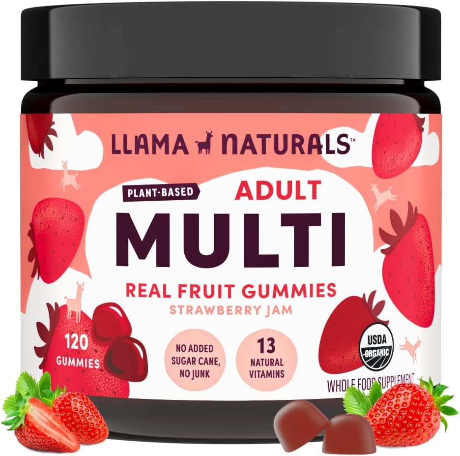 Llama Naturals Multivitamin for Women & Men, Vegan, 有机胶囊中含有维生素D, C & K, 成人真水果Gummy Vitamins, Chewable Multivitamin Supplement, No 添加糖蔗,草莓, 120 Ct