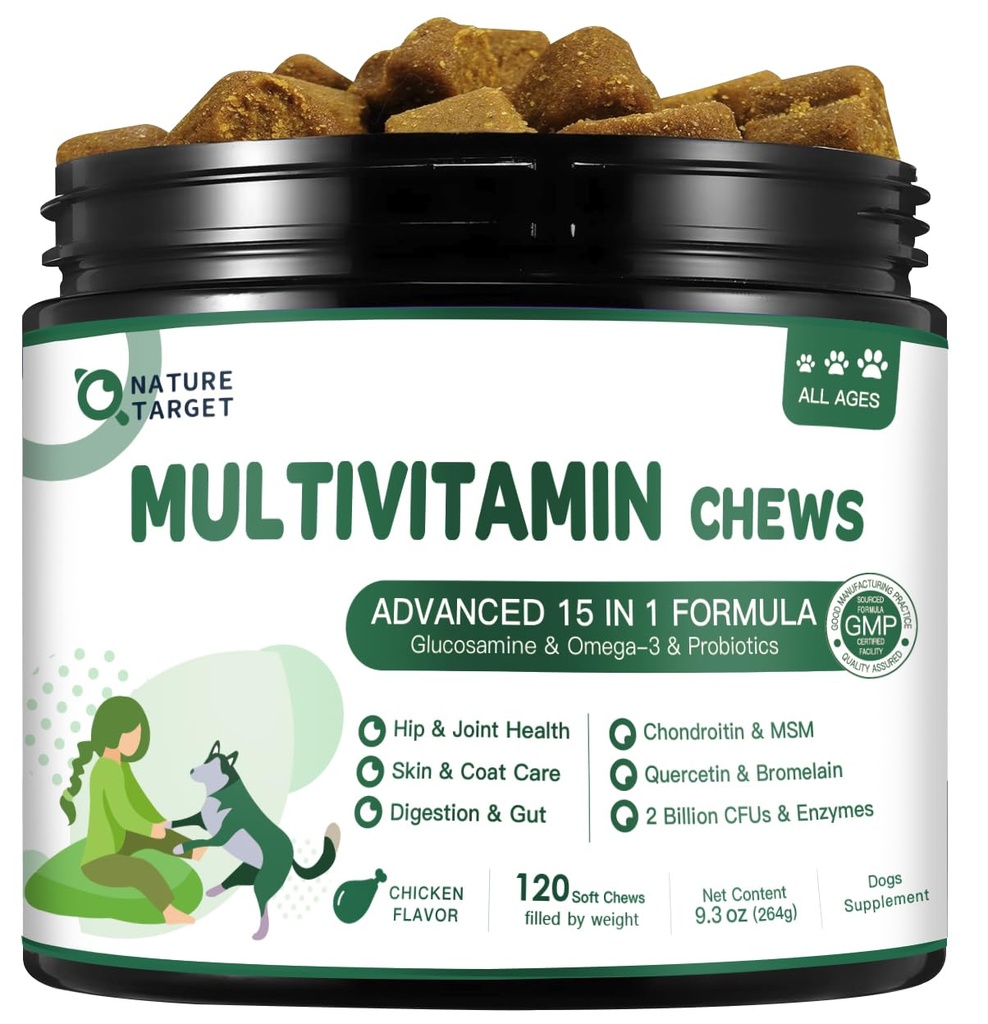 NATURE TARGET 多维明用于狗类 - MSM & Glucosamine, Omegas 3 & 6, 用于消化健康、联合支持、皮肤和煤炭、Immune系统与整体健康 120 软壳