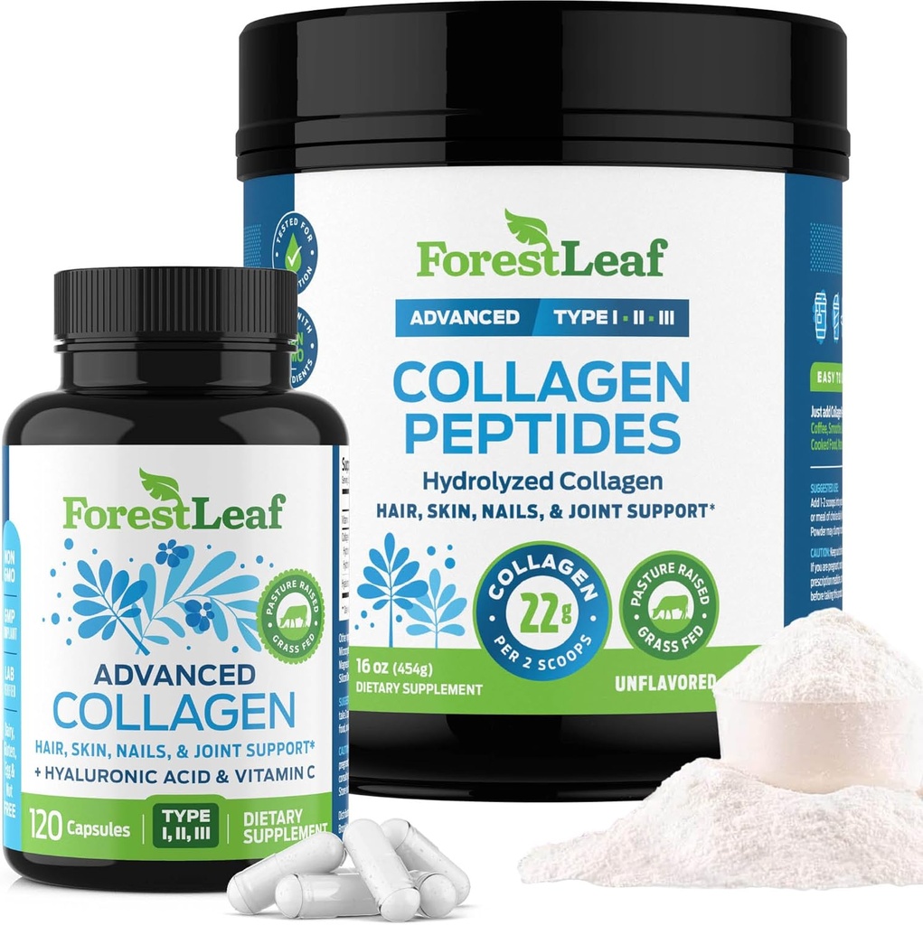 林叶科拉根补充剂- 2- in-1 水解科拉根 Peptides Power and Collagen Pills- 草药Bovine Collagen for Women and Collagen for Men