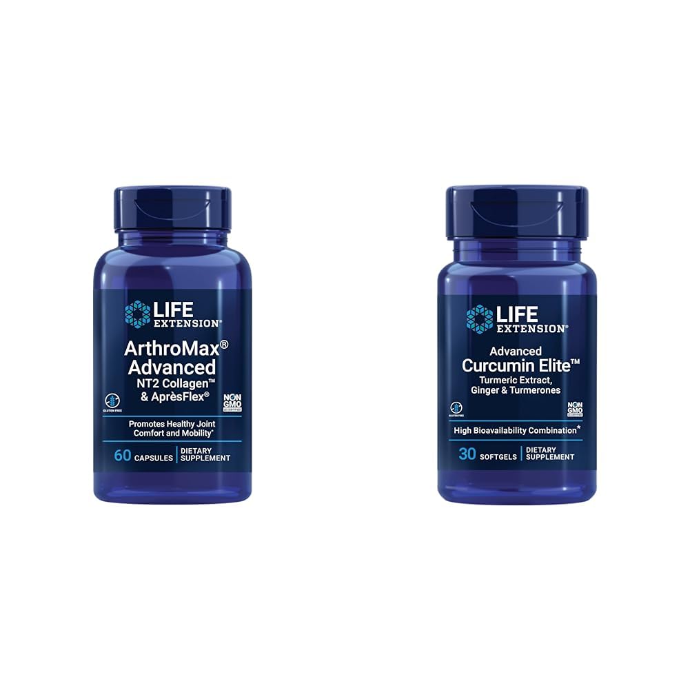 寿命延长 ArthroMax 高级联合健康补充剂,有Collagen、Glucosamine和Crucumin Elite Turmeric、60 Capsules和30 Softgel