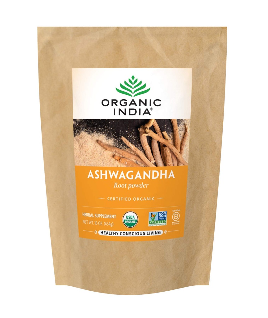 ORGANIC INDIA Ashwagandha 粉末有机体 - Ashwagandha 根粉包,草药补充剂 - Vegan,Gluten-Free,Kosher,Non-GMO,支持压力缓解,能量和睡眠 - 1磅袋