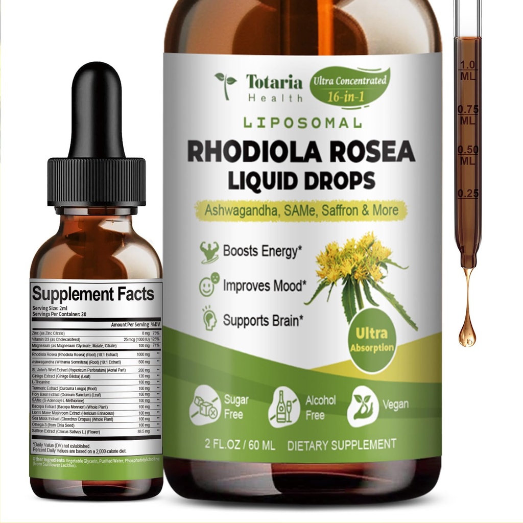 Totaria 16-in-1 Liposomal Rhodiola Rosea Tincture, Ultra Strige Rhodiola Supplement w/ Ashwagandha, Saffron, Magnesium, SAM-e, Rhodiola Rosea 提取液体滴液促进自然放松, Mood, 能源
