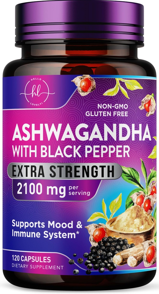 Ashwagandha 2,100 mg - Ashwagandha 配有粉末和根提取剂的Veggie Capsules妇女补充剂、高吸附剂的黑辣椒、植物基、非GMO、美国瓶装 - 120 Veggie Capsules
