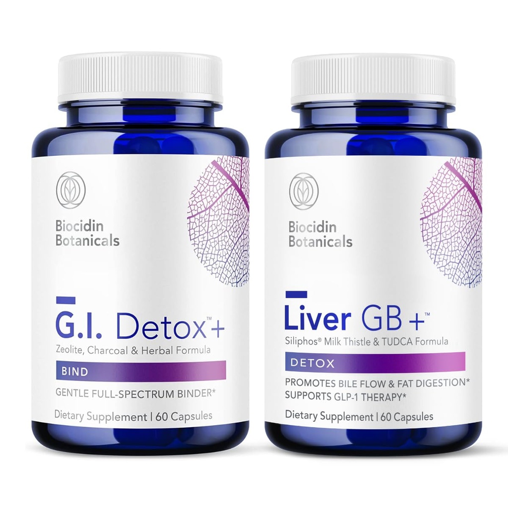Biocidin G.I. Detox+ Gentle Binder & Liver GB+ Gallbladder Liver 支持 - 帮助优化毒素去除和脂肪消化 - 激活的炭炭,Zeolite, TUDCA & Bitter Herbs(2种产品)