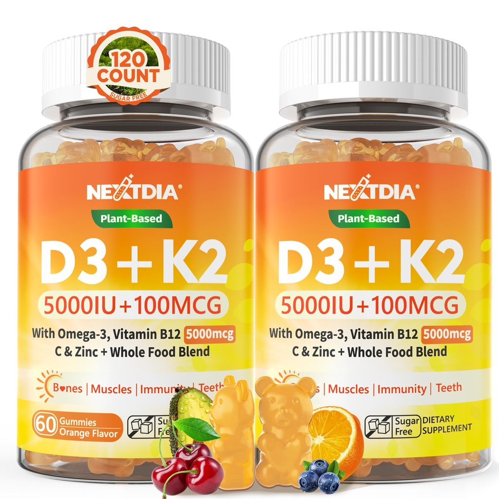 维生素D3 K2 Gummys 5000IU / 10,000 IU 配Omega-3 250mg + K2(MK-7) 100mcg - 5X 吸收 标准 D3K2 配维生素C,锌,以及 5 个有机蔬菜, 支持骨和齿强, 免疫