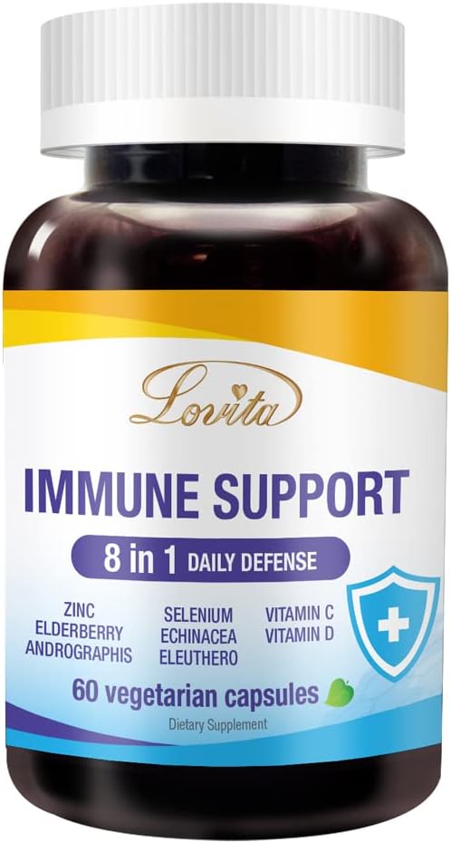 Lovita 免疫支持 1分之8, 含锌和维生素C、维生素D、硒和Echinacea、Andrographis、西伯利亚Ginseng-Immune助推剂补充品,60种蔬菜