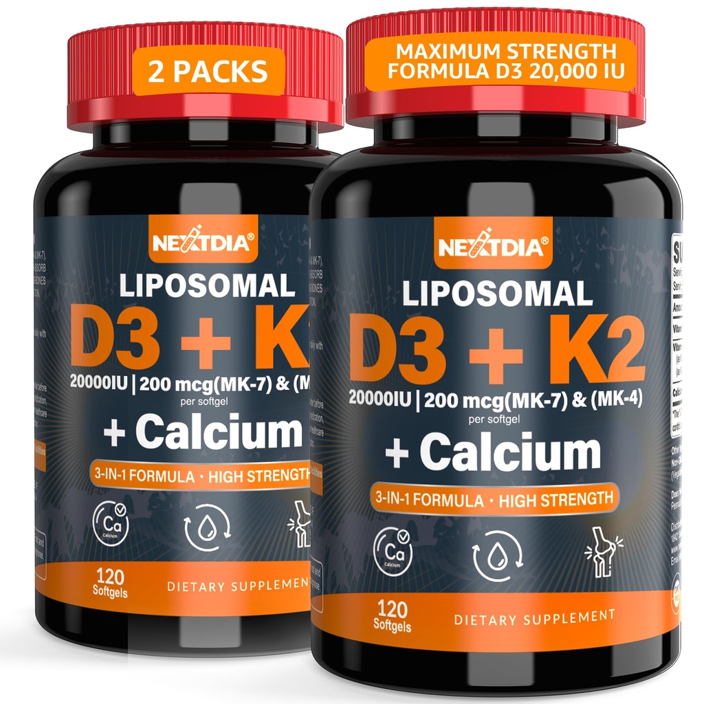 维生素D320,000 IU + K2 维生素(MK4 & MK7) 200mcg + 钙 Citrate, 优化维生素D3 K2 软胶 - 强骨和肌肉,钙吸收,帮助维生素D 缺陷,容易吞咽,2Pack