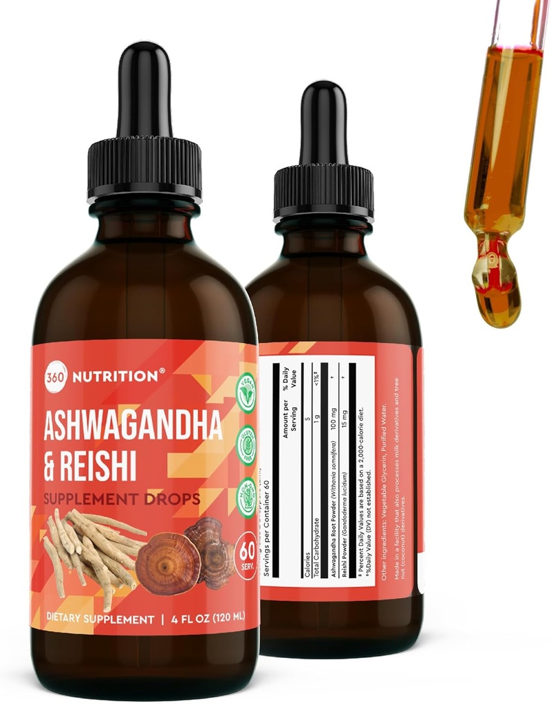 360 营养 Ashwagandha & Reishi 根茎补充剂,用于减轻压力、Stamina & 长寿和能源支助 -- -- Vegan Non-GMO 适应性 -- -- 4 fl oz, 60 服务