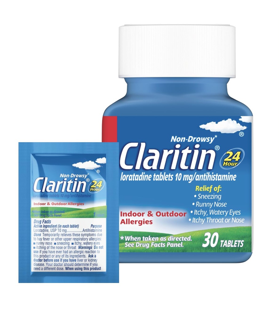 成人的Claritin过敏医学,24Hour Non Drowsy Loratadine 10mg Pills, Antihistamine, 30 片+ 1ct On-The-Go Relief