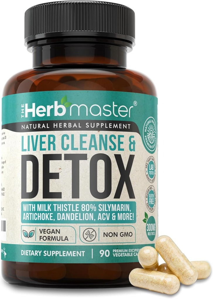 Nora Ross Herbmaster Liver Cleanse Detox & Reference – 27-in-1 Herbal Liver 支持男女辅助 – Milk Thetle Supplement w/ Artichoke 提取,Choline, Zinc & Dandelion Root – 45 services