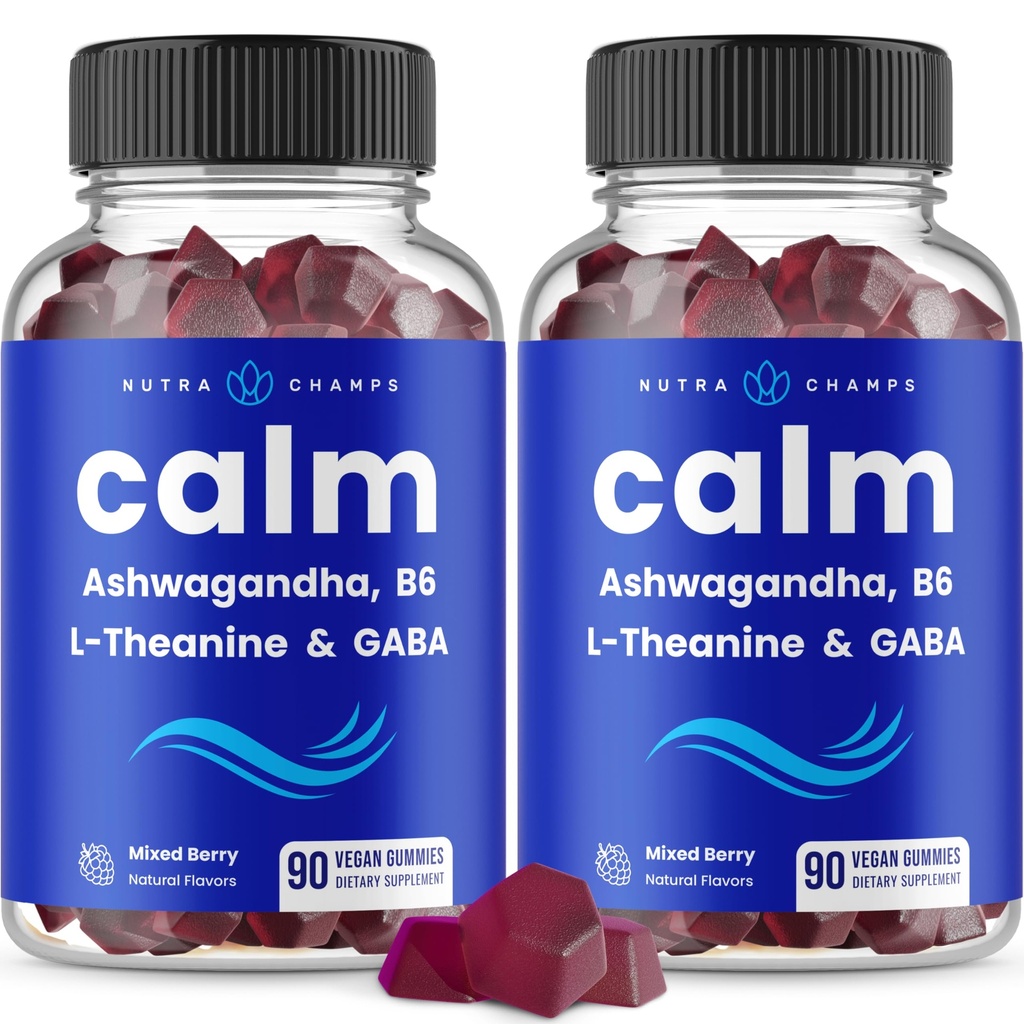 NutraChamps Calm Gummys, 压力Gummys 与 Ashwagandha, L-Theanine, GABA, 维生素B6 & Lemon Balm, 90 Gummys (Pack of 2) 配音: 阿斯瓦甘达, L-Theanine, GABA, 维生素B6 & Lemon Balm, 90 Gummys (Pack of 2).