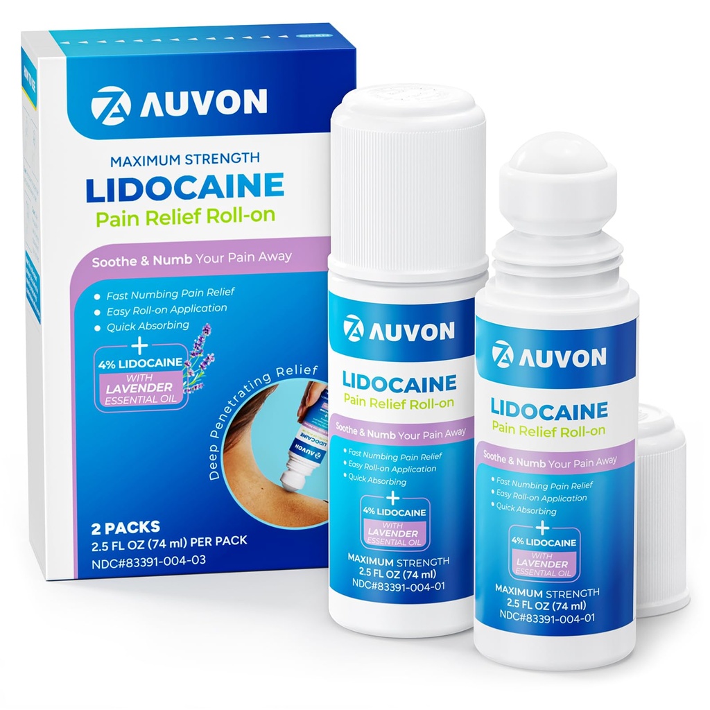 AUVON Max 强力 Lidocaine 疼痛救济 与薰衣草基本油、无梅斯应用器、快速吸附到Numb & Soothe 疼痛救济 膝盖、肩部、FSA/HSA 合格,2.5 OZ,2包