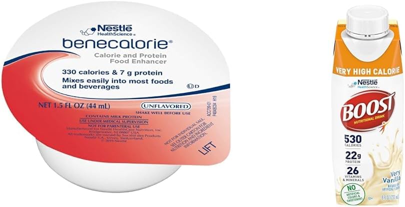 Benecalorie Calorie和蛋白质增强剂 - 不美味(330卡罗里,7g蛋白质) - 1.5 fl oz Cups & Boost Ver High Calorie Vanilla 营养饮料 - 22g蛋白质,530 营养丰富的卡罗里,8 Fl Oz