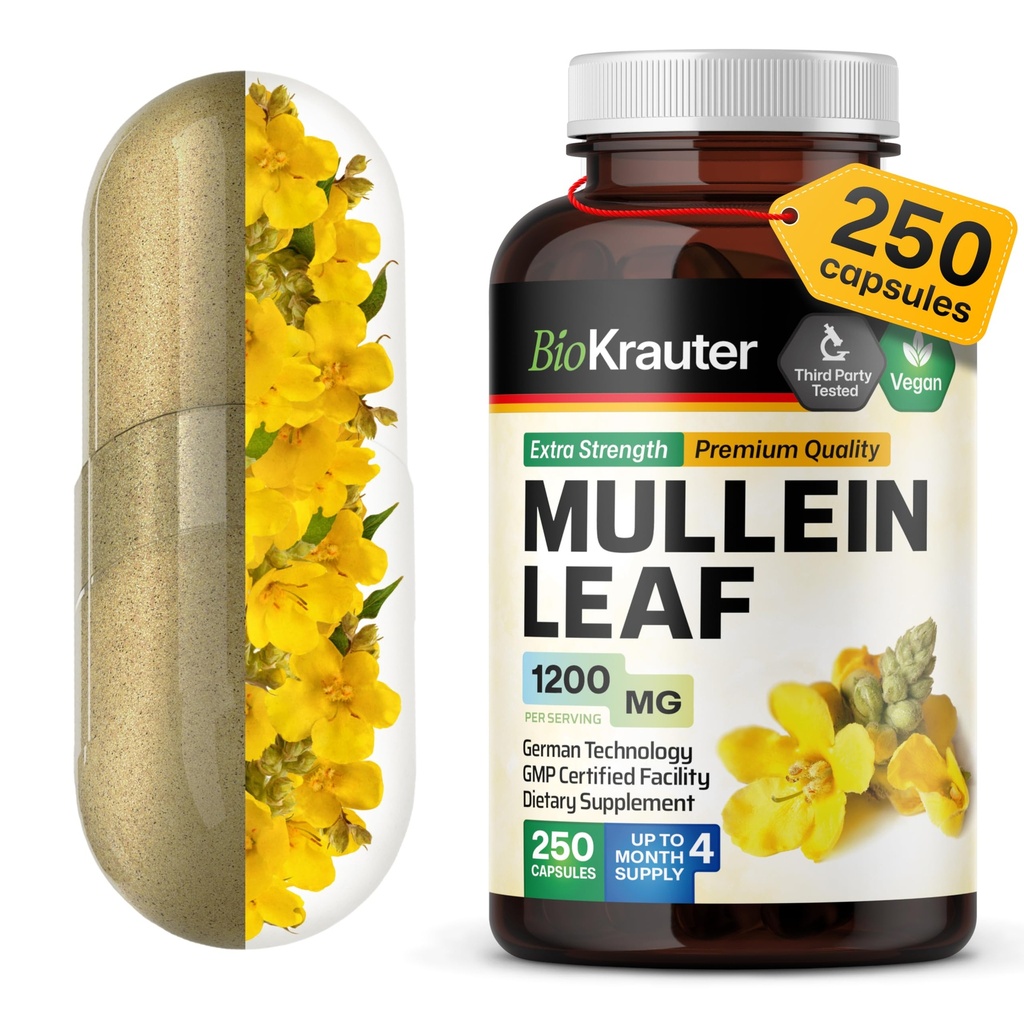 BIO KRAUTER Mullein Capsules 1200 mg 250 counts - 纯 Vegan Mullein 肺叶提取 - 125天供应 - 肺清洁剂和呼吸辅助剂 - 无填充剂,非GMO