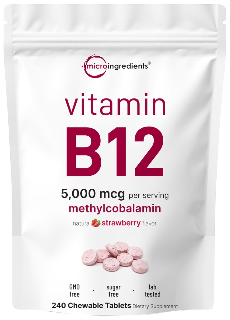 微成份 维生素 B12 5,000 mcg → Methylcobalamin – 240 可切片 → 快速溶解 天然草莓 Flavor → 支持能源与代谢 健康 → Vegan, Non-GMO, Gluten Free