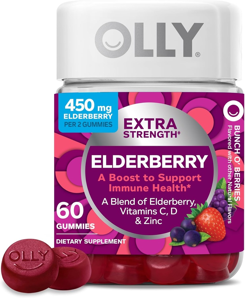 OLLY 超强长莓果汁,无免疫支持,450mg 长莓,维生素C,D和锌,莓 - 60count