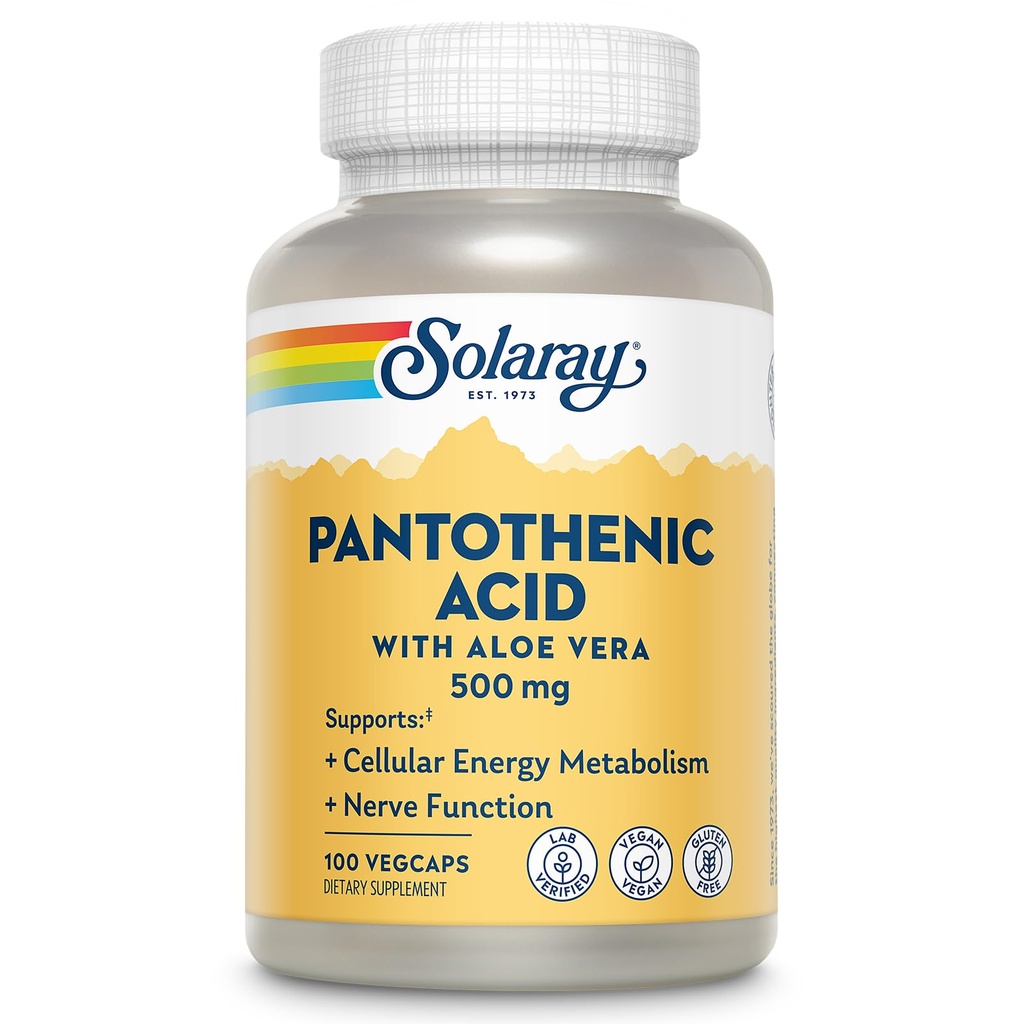 SOLARAY Pantothenic酸500mg - 维生素B 5用于Coenzyme-A生产和能源代谢,头发,皮肤和钉子支持 - Vegan, Lab 校验,60天保障 - 100名服务员,100名Veg Caps