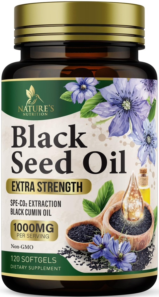 黑籽油软胶 1000mg - Premium Nigella Sativa 黑籽,纯天然黑胶种子油和抗氧化剂,用于皮肤和免疫支持 - 非转基因O,在美国的瓶装 - 120 软胶