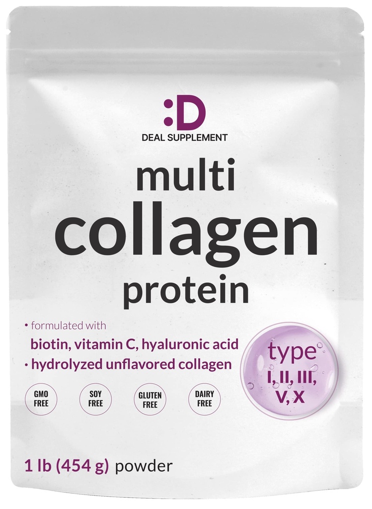 多Collagen蛋白粉,1Lb - I型,II型,III型,V型,X型Collagen Peptides 配有 Biotin 10000mcg,维生素C & Hyaluronic Acid - 不香 - Keto & Paleo 友好型,对毛发,皮肤,钉子和联合型