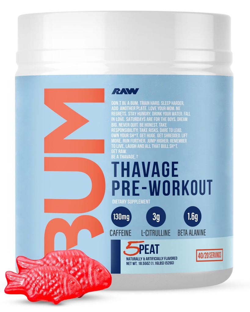 RAW 工作前粉,Thavage(5 Peat,Red Gummy) - Chris Bumstead 男女体育营养补充剂 - Cbum 工作前粉,水分,精神焦点和能源 - 40种服务