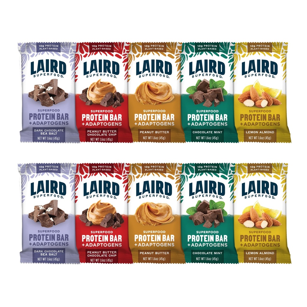 Laird Superfood 功能蛋白棒 – 蛋白棒 但与真正的成份更好,功能蘑菇 10g 植物基蛋白 6g Fiber - 非GMO - 5 Flavor Variety Pack, 10 Counter (Pack of 1).