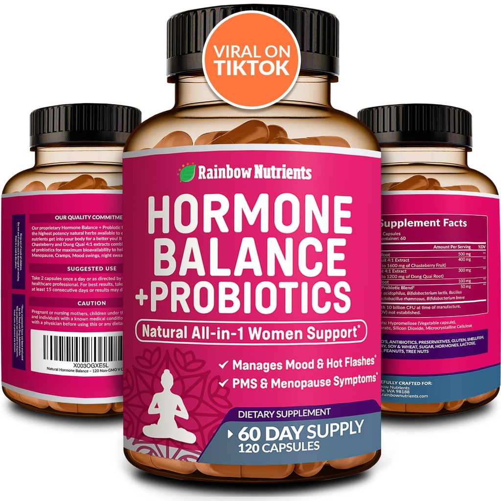 Hormone Balance + Probios for Women - Natural Menopause Relief, weight management, Bloating, Hot Flashes, PMS → 有机马卡, 香草莓, 东奎和黑科霍什 → 非 GMO → 120 V Capsules