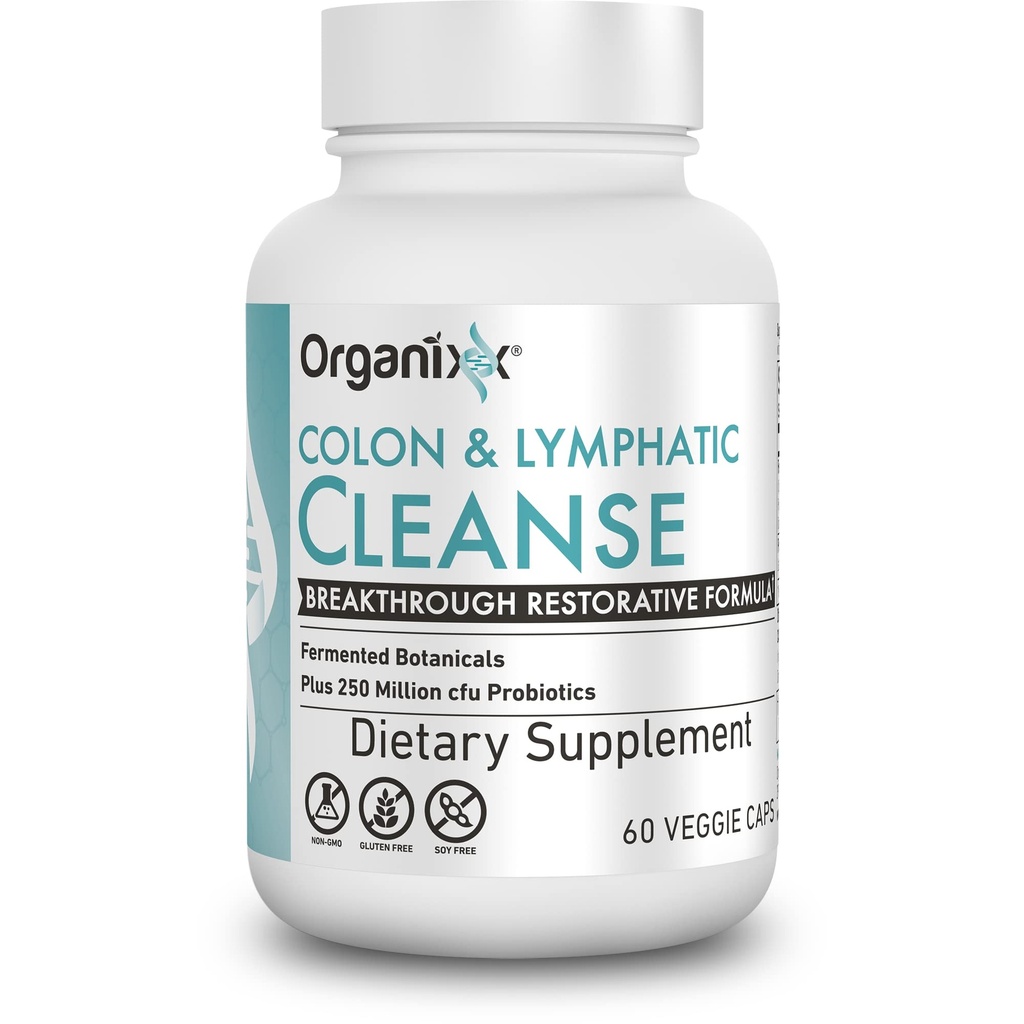 Organix Lymphatic & Colon Cleanse 补充品,2.5亿CFU Gut健康、消化和Lymphatic 支持、Gluten Free、非转基因生物、60个蔬菜卡普尔