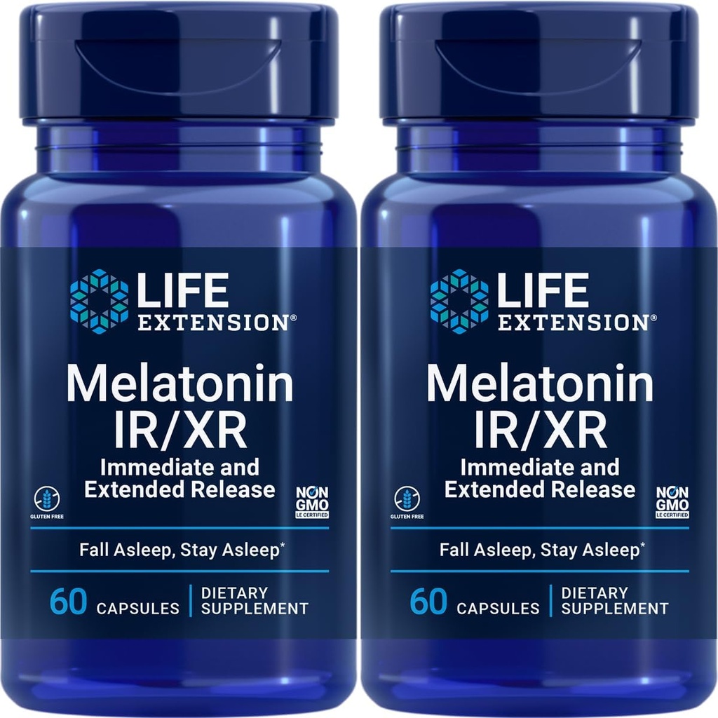 Melatonin IR/XR, 1.5 mg, 最佳睡眠支持即时和扩展释放公式, 健康循环韵律, 细胞防御, 无胶体, 非GMO, 2 X 60 Capsules