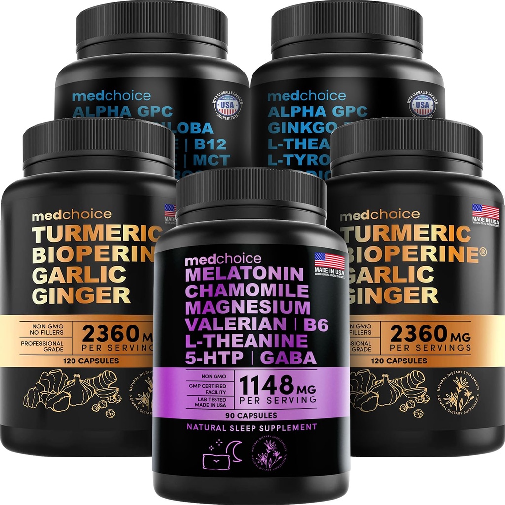 MEDCHOICE Sleep Melatonin(90cm),Turmeric & Ginger(240cm),和Nootropic Brain(120cm) 补充 Bundle - 脑,睡眠,和免疫支持三重体 - Vegan, Non-GMO, Gluten-Free