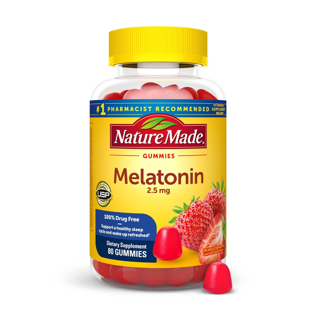 大自然制造了Melatonin Gummys 2.5毫克,100%的成人无药睡眠援助,Melatonin 补充80日供应