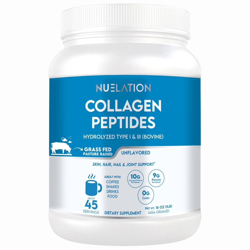 無味的草-Fed Collagen Peptides 蛋白质Powder 1LB,45服. 1型和3型水解波维纳Collagen适用于女性和男性. 10g Collagen 粉末 & 9g 蛋白质