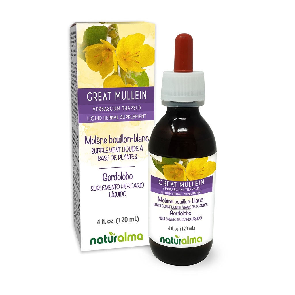 Naturmala Great Mullein 或 常见的穆林(Verbascum thapsus) 花和叶无酒精丁香 - 4 fl oz 滴水液提取 - 草药补充 - Vegan