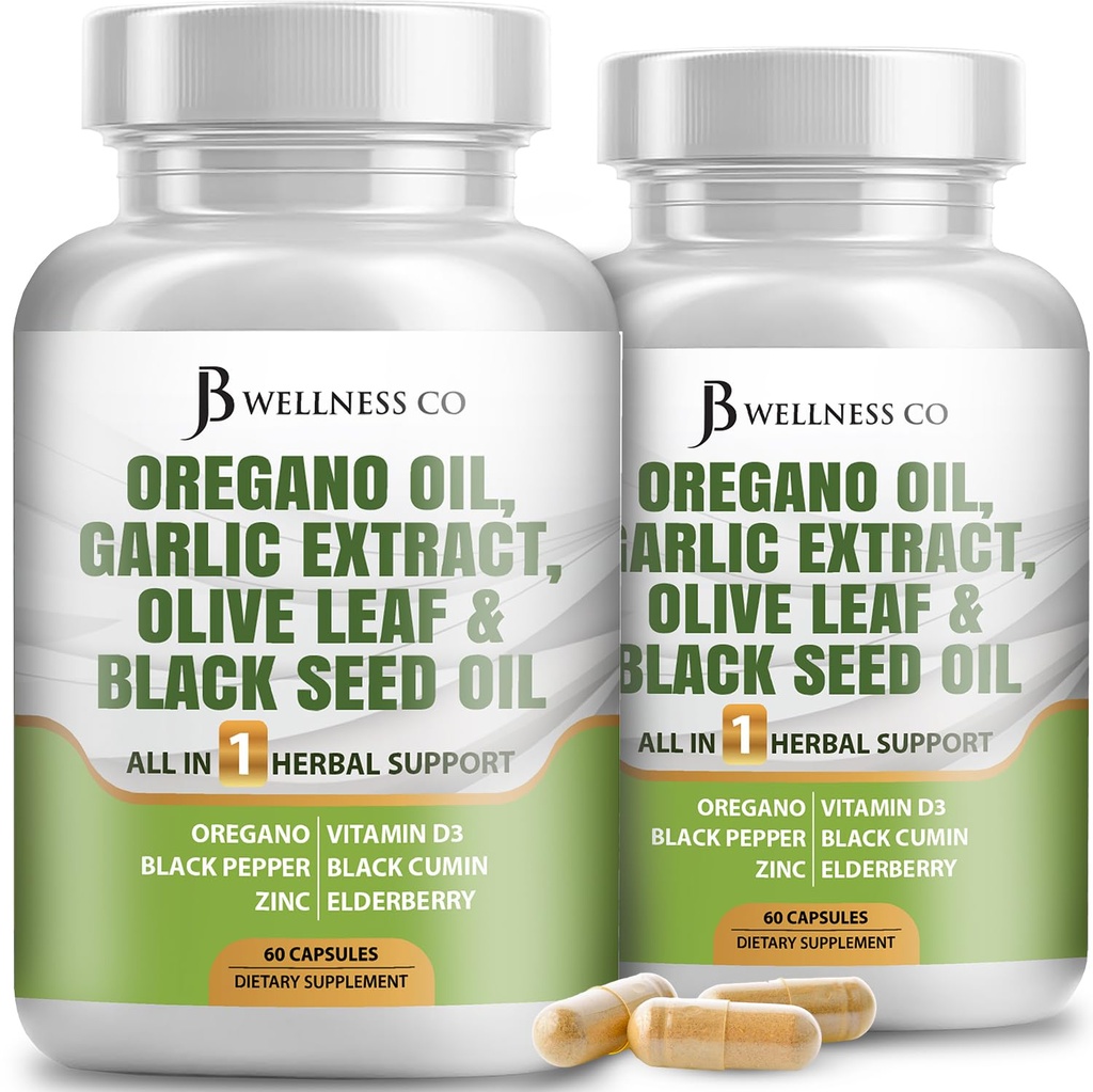 JB 健康 Oregano Oil, Garlic 提取器, 橄榄叶, 配有 Astragalus - 女性和男性的免疫支持和消化健康补充品 - 120