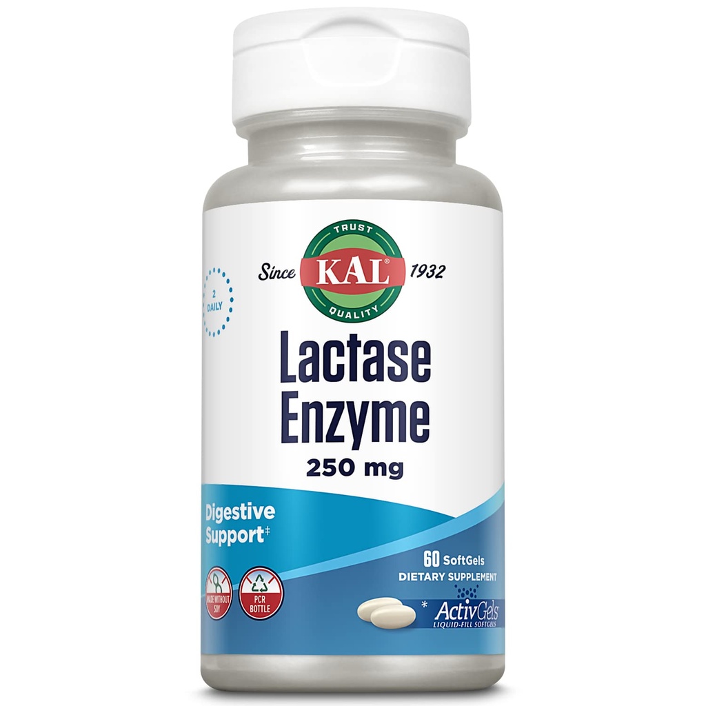 KAL Lactase Enzyme 250 mg, 对乳糖不适症的健康消化支持,液化活性胶片制造而无大豆,250 FCC单位,30个服务型,60个软胶片